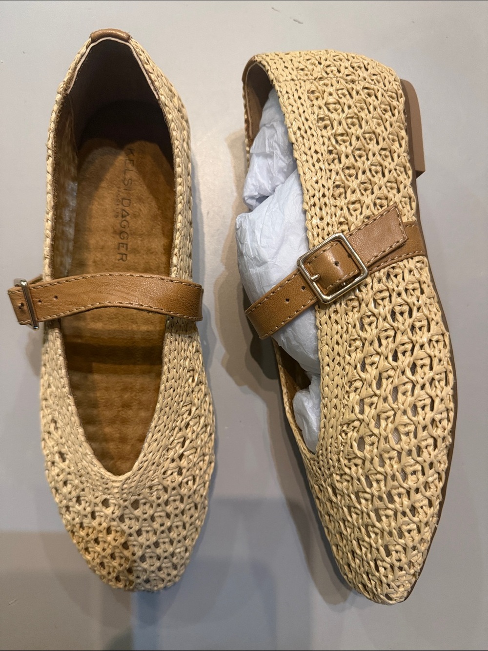 Kelsi Dagger Beige Woven Mary Jane Flats